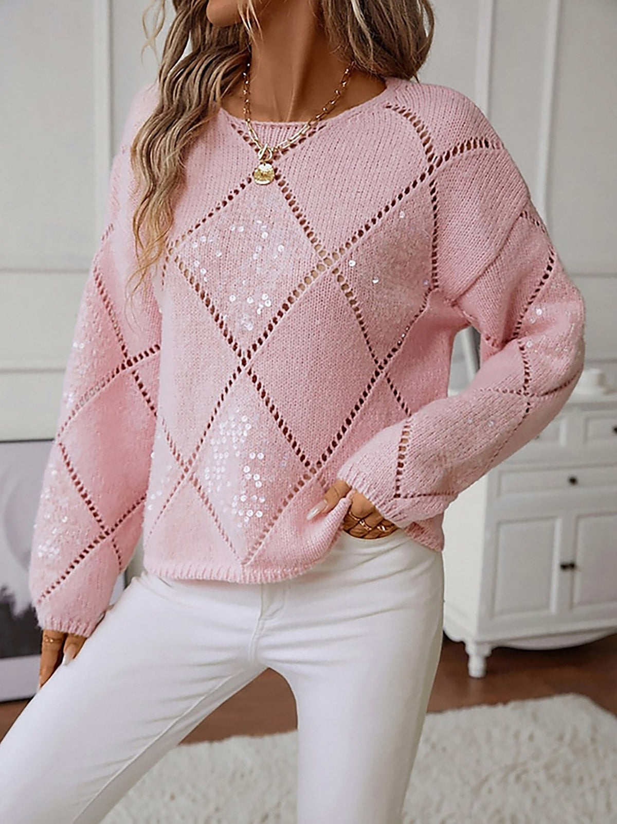 Sequin Argyle Crewneck Knit Sweater
