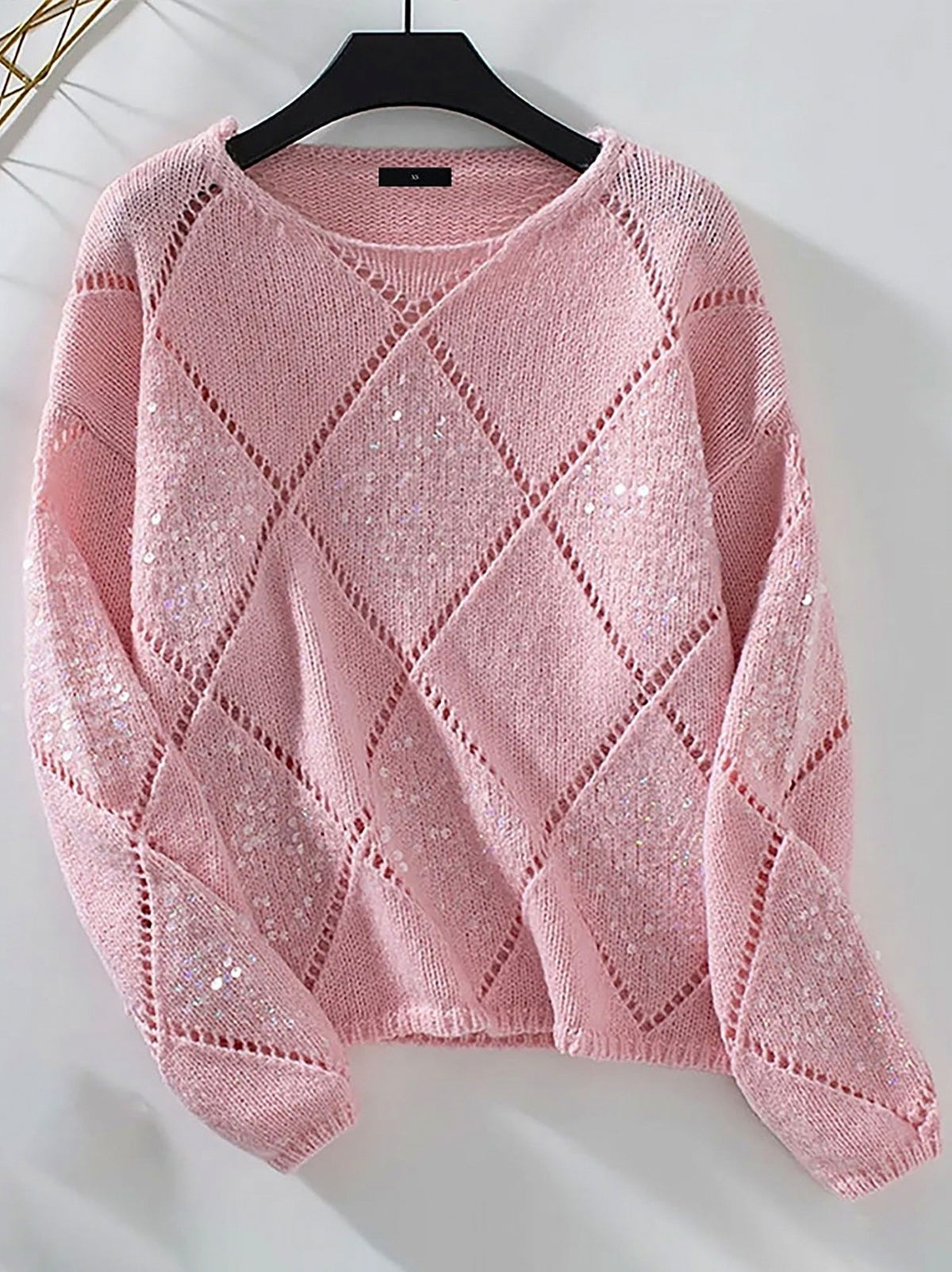 Sequin Argyle Crewneck Knit Sweater