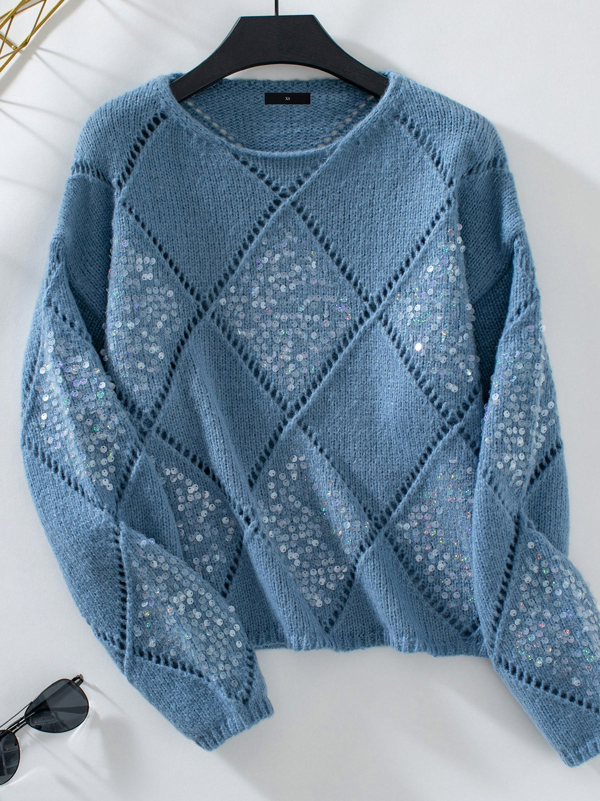 Sequin Argyle Crewneck Knit Sweater