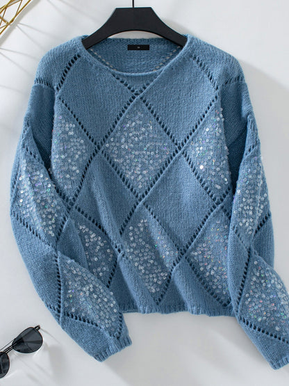 Sequin Argyle Crewneck Knit Sweater