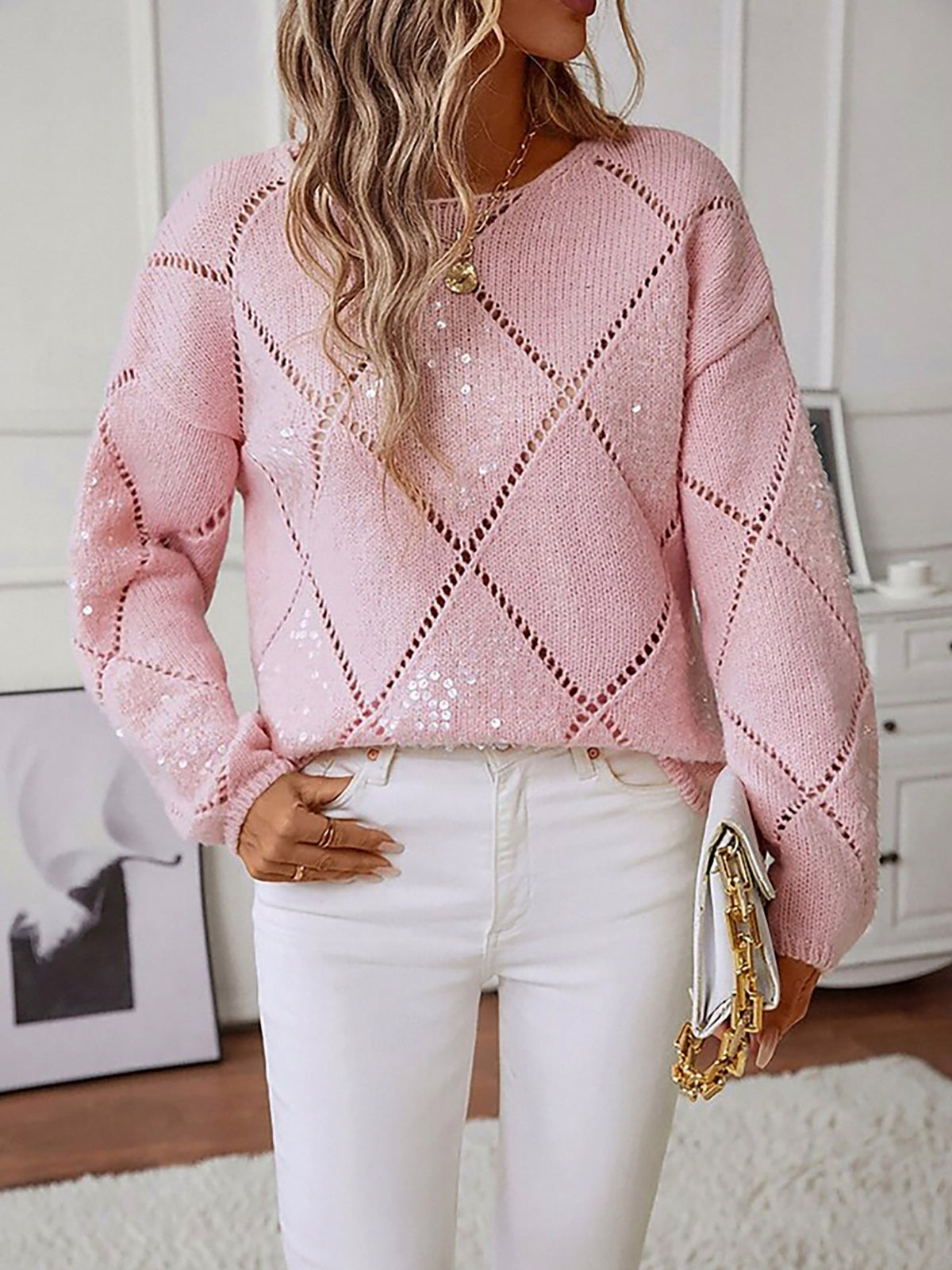 Sequin Argyle Crewneck Knit Sweater