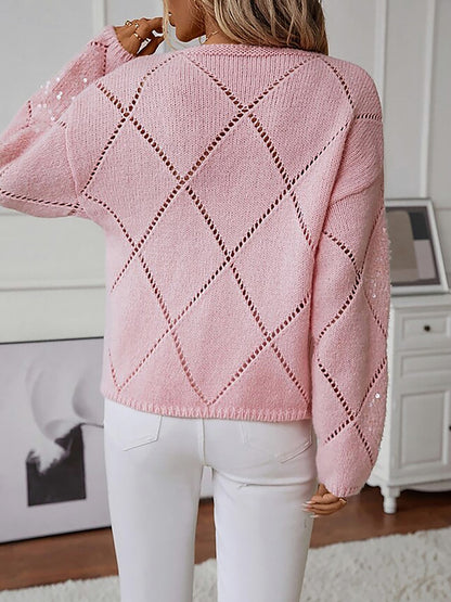 Sequin Argyle Crewneck Knit Sweater