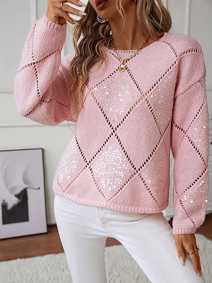 Sequin Argyle Crewneck Knit Sweater