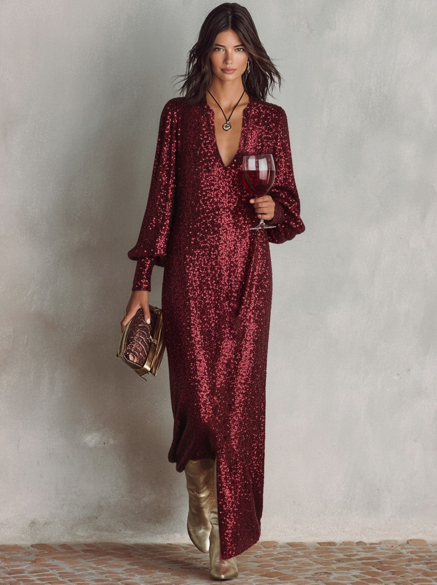 Sequin Long Balloon Sleeve Maxi Dress