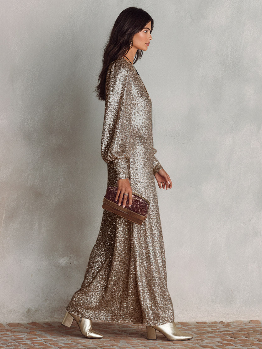 Sequin Long Balloon Sleeve Maxi Dress