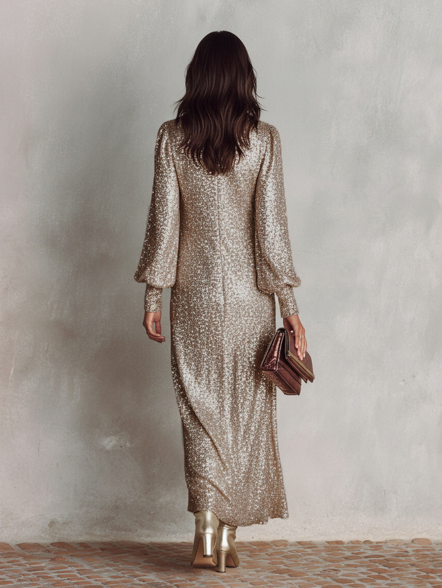 Sequin Long Balloon Sleeve Maxi Dress