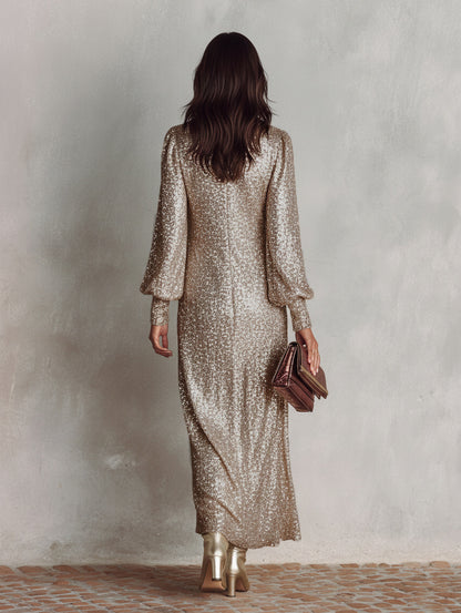 Sequin Long Balloon Sleeve Maxi Dress
