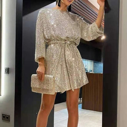 Sequin Balloon Sleeve Mini Dress