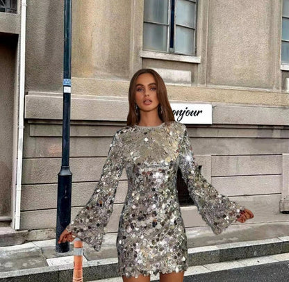 Sequin Bell Sleeve Mini Dress