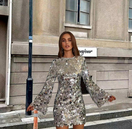 Sequin Bell Sleeve Mini Dress