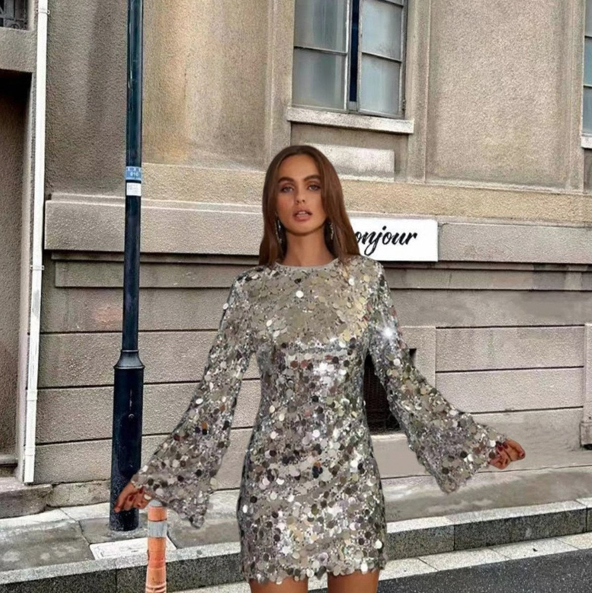Sequin Bell Sleeve Mini Dress