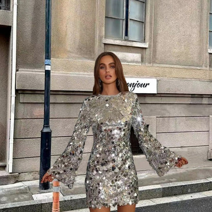Sequin Bell Sleeve Mini Dress