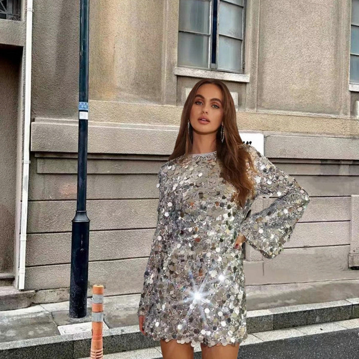 Sequin Bell Sleeve Mini Dress