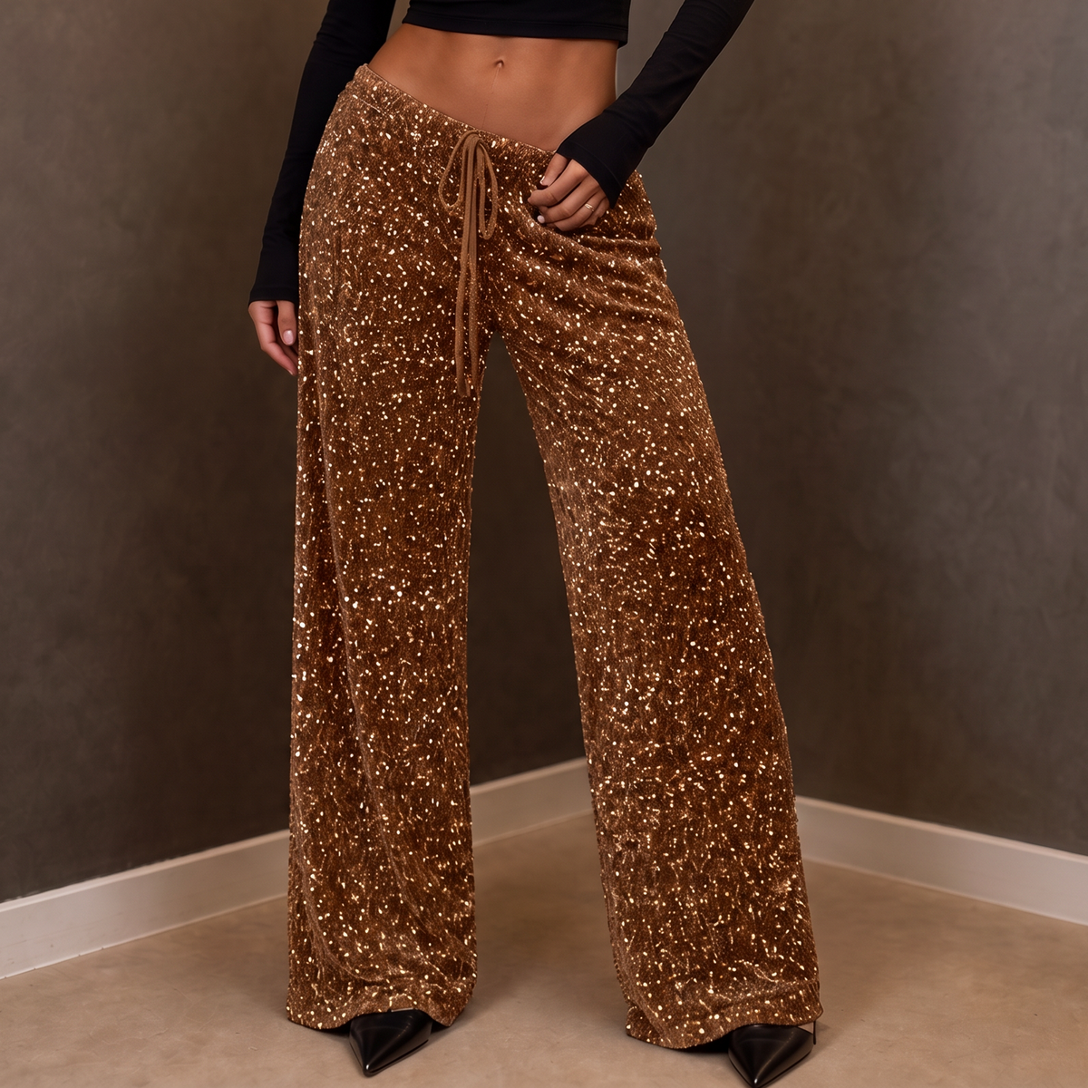 Sequin Drawstring Wide Leg Pants