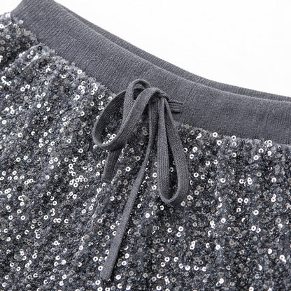 Sequin Drawstring Wide Leg Pants