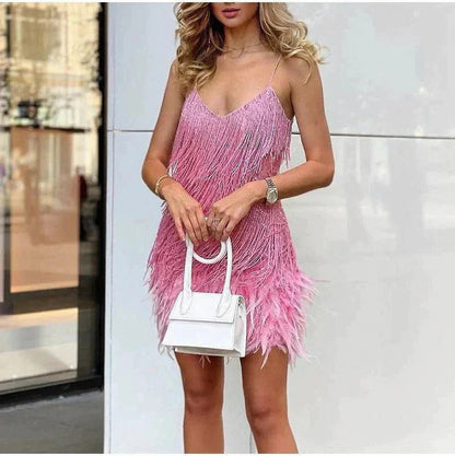 Sequin Fringe Feather Trim Mini Dress
