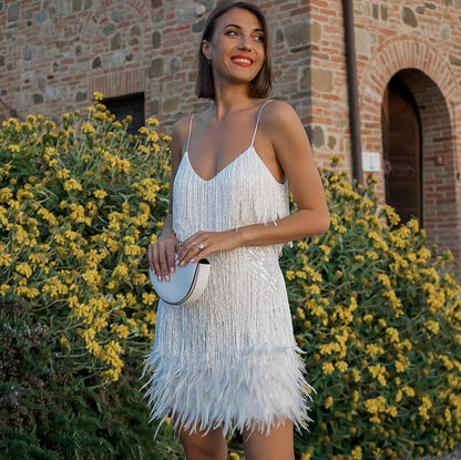 Sequin Fringe Feather Trim Mini Dress