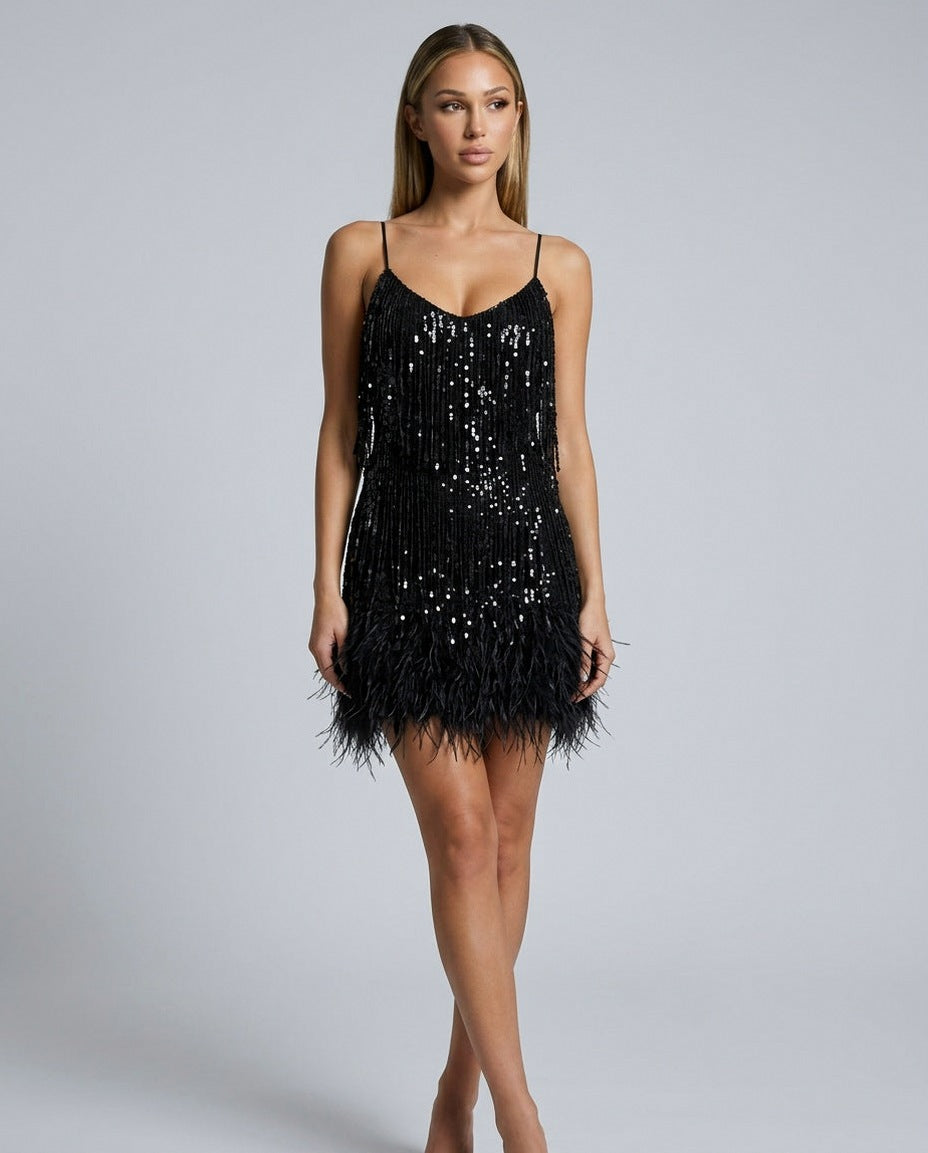 Sequin Fringe V-Neck Mini Dress