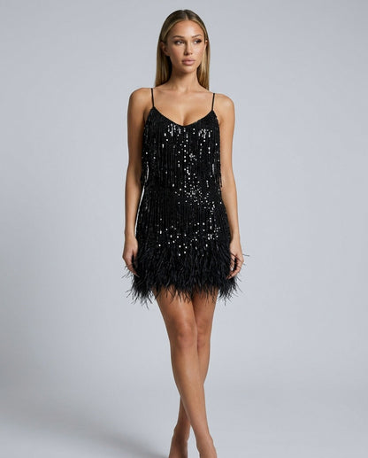 Sequin Fringe V-Neck Mini Dress