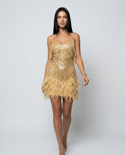 Sequin Fringe V-Neck Mini Dress