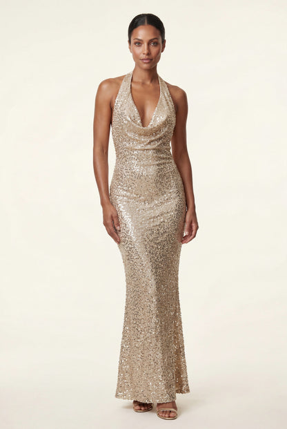 Sequin Halter Cowl Neck Maxi Dress
