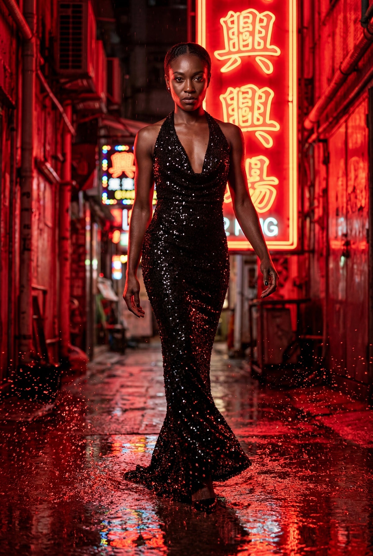 Sequin Halter Cowl Neck Maxi Dress