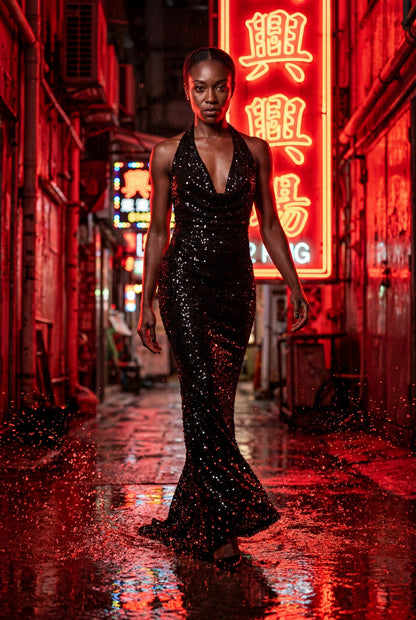 Sequin Halter Cowl Neck Maxi Dress