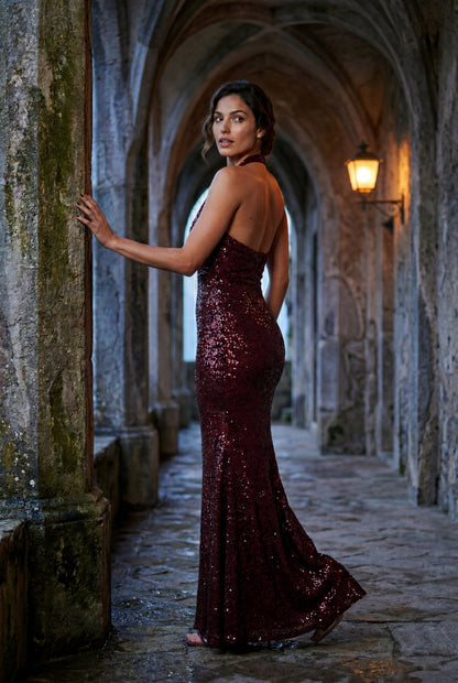 Sequin Halter Cowl Neck Maxi Dress