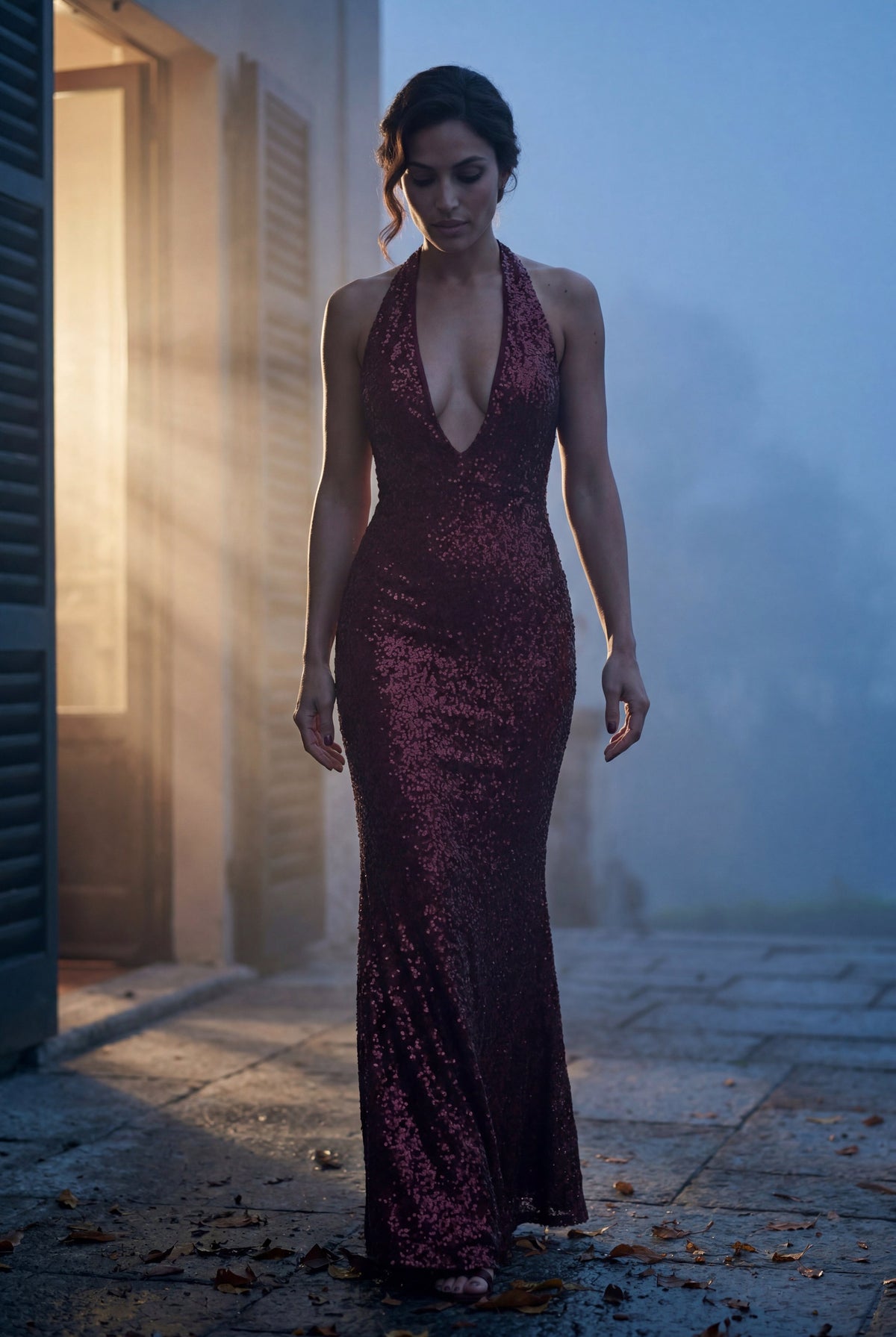Sequin Halter Cowl Neck Maxi Dress