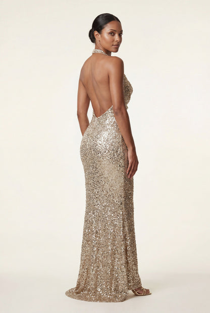 Sequin Halter Cowl Neck Maxi Dress