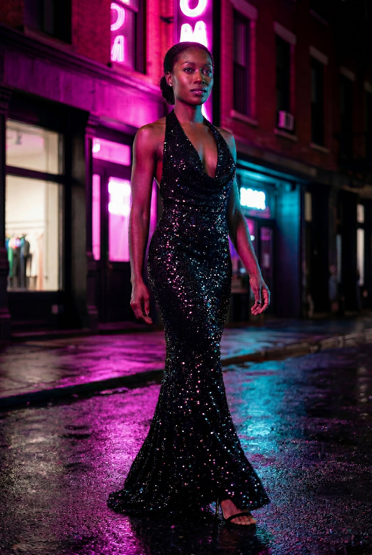 Sequin Halter Cowl Neck Maxi Dress