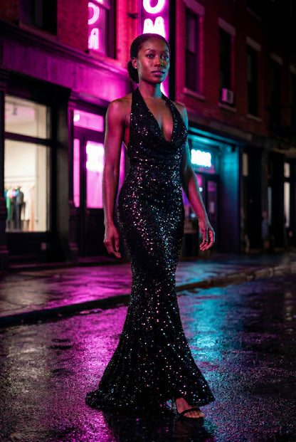 Sequin Halter Cowl Neck Maxi Dress