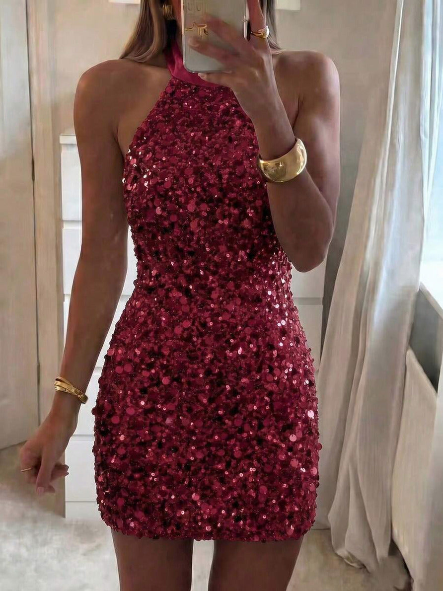 Sequin Halter Fitted Mini Dress