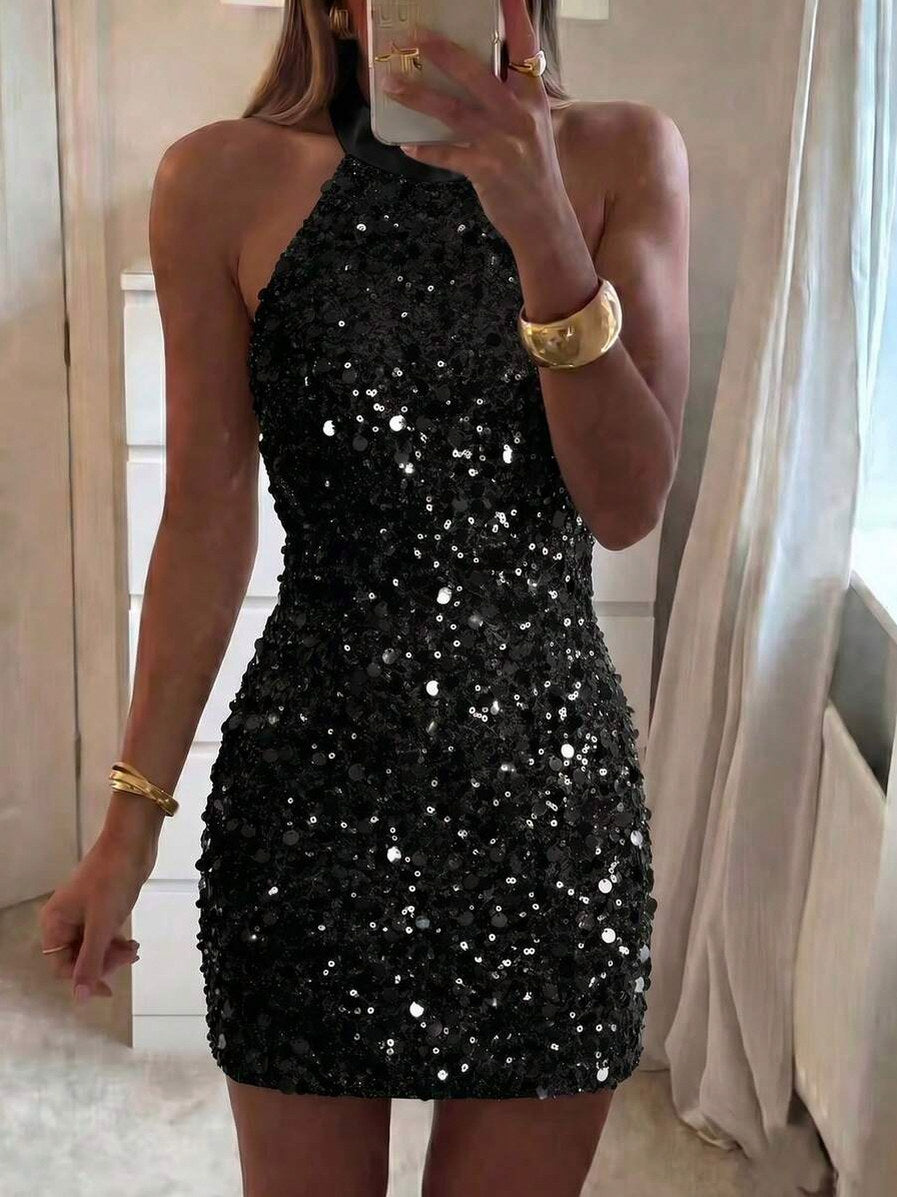 Sequin Halter Fitted Mini Dress