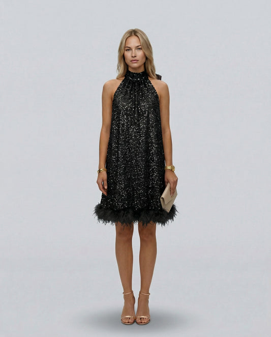 Sequin Halter Fringe Mini Dress
