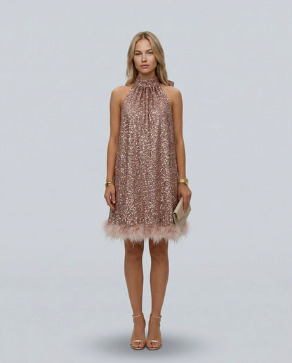 Sequin Halter Fringe Mini Dress