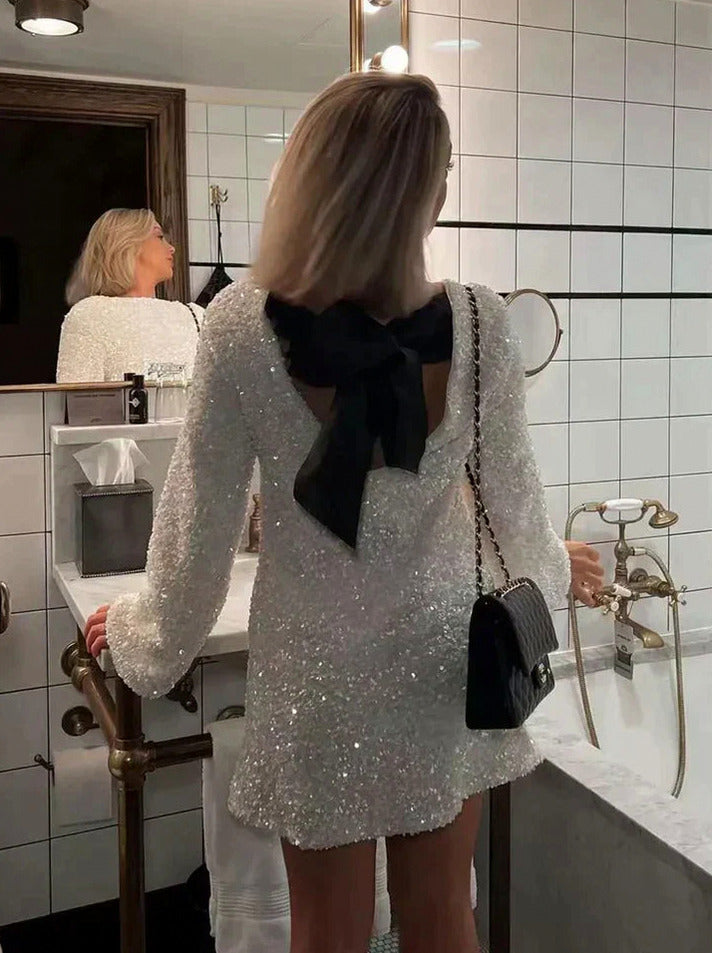 Sequin Long Sleeve Bow Mini Dress