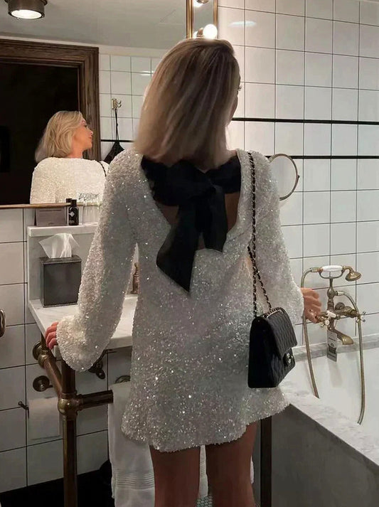 Sequin Long Sleeve Bow Mini Dress