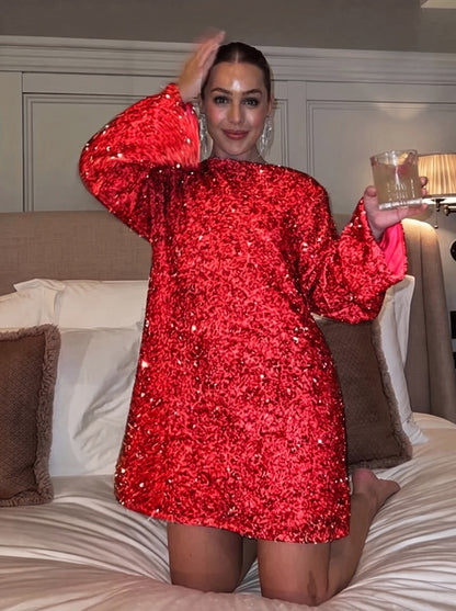 Sequin Long Sleeve Bow Mini Dress