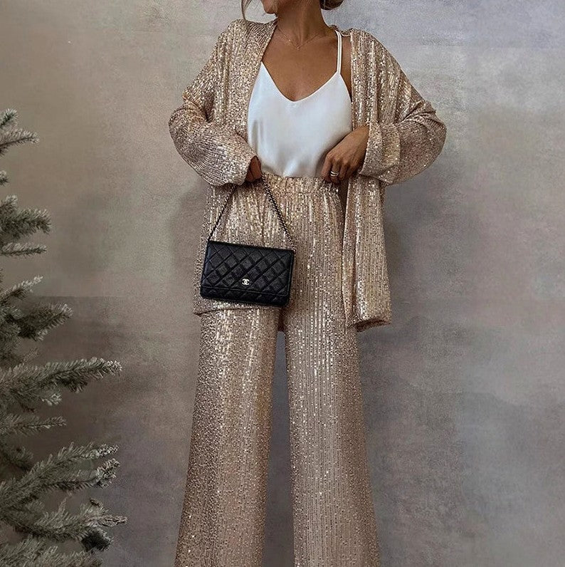 Sequin Long Sleeve Open Front Blazer