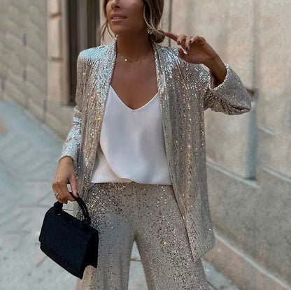 Sequin Long Sleeve Open Front Blazer