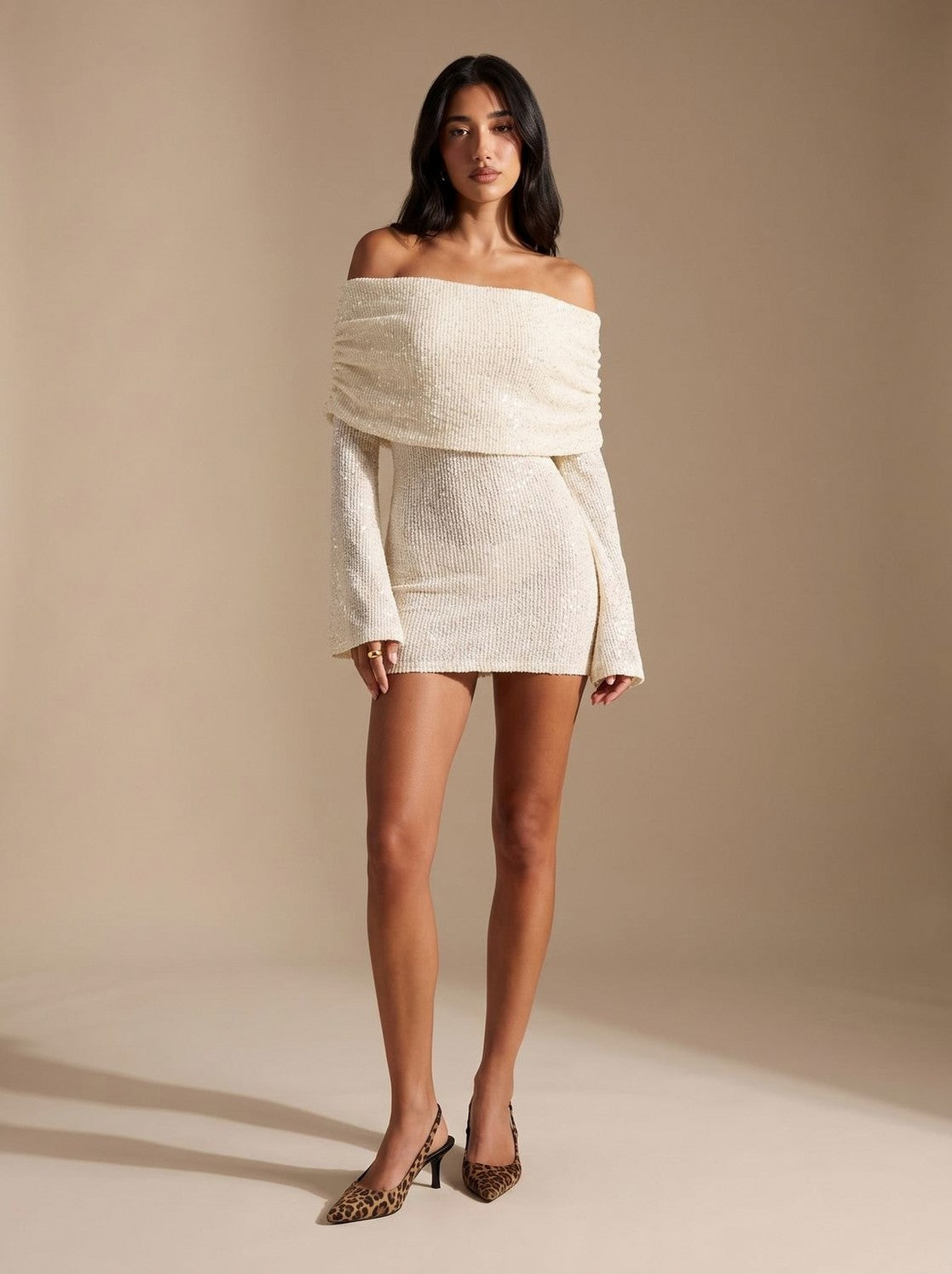 Sequin Off Shoulder Long Sleeve Mini Dress