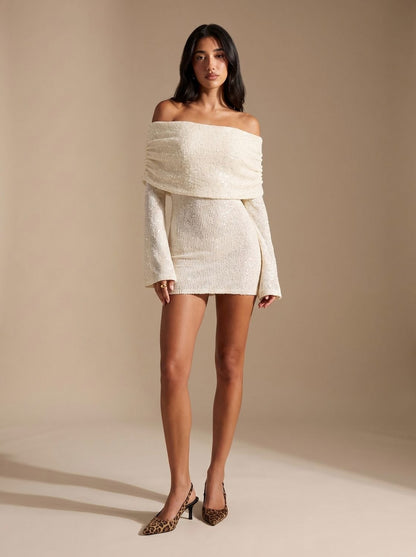 Sequin Off Shoulder Long Sleeve Mini Dress