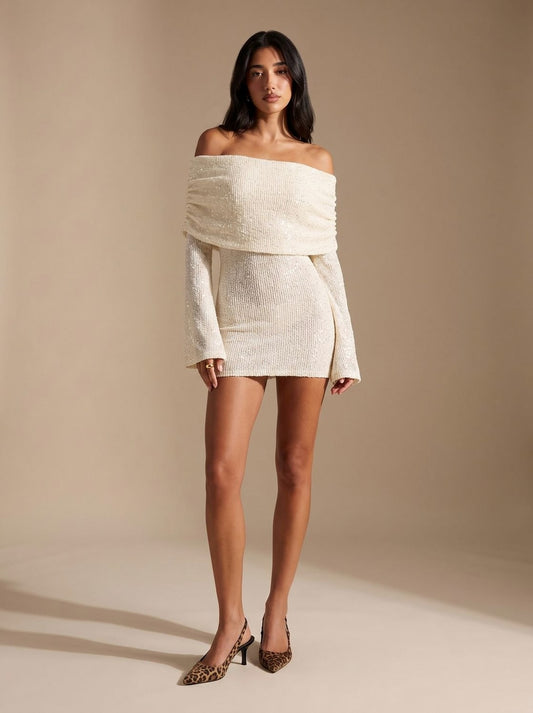 Sequin Off Shoulder Long Sleeve Mini Dress