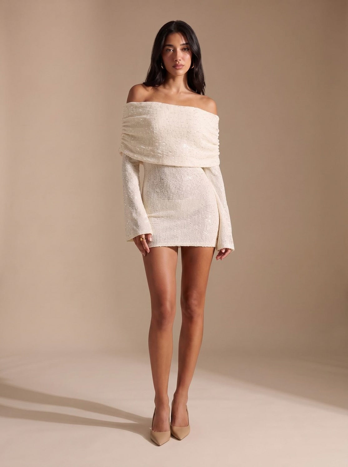 Sequin Off Shoulder Long Sleeve Mini Dress