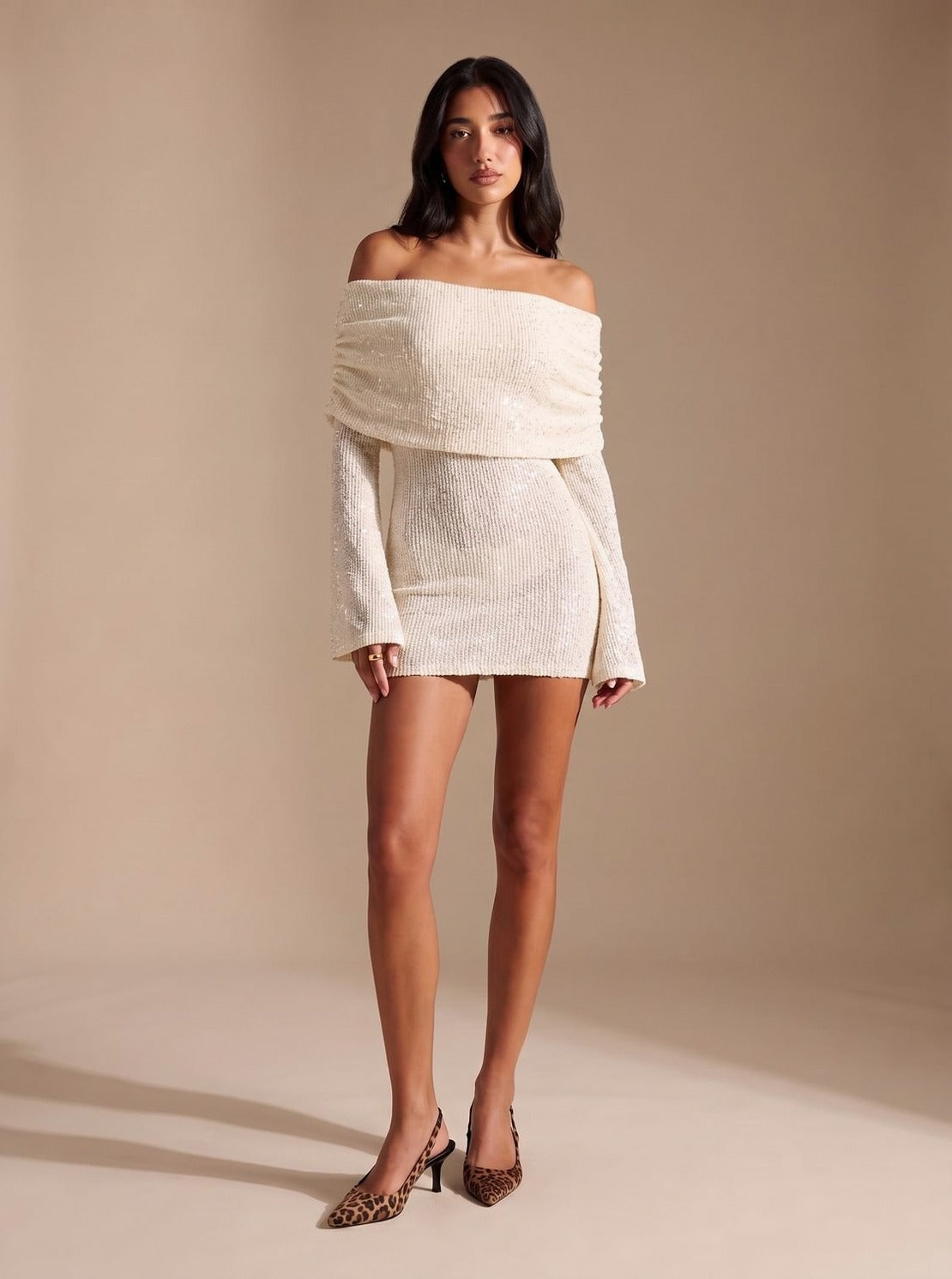 Sequin Off Shoulder Long Sleeve Mini Dress
