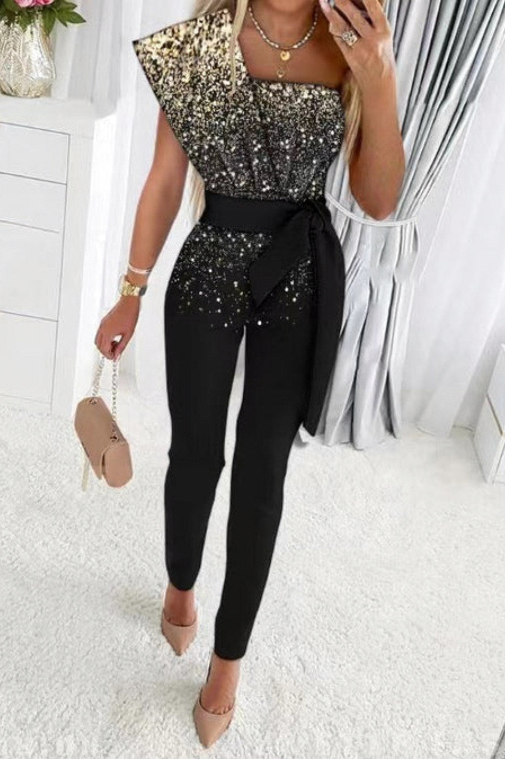 Sequin One Shoulder Jumpsuit