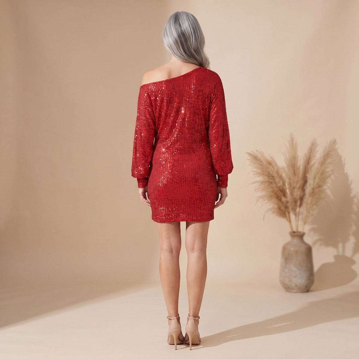 Sequin Long Sleeve One Shoulder Mini Dress