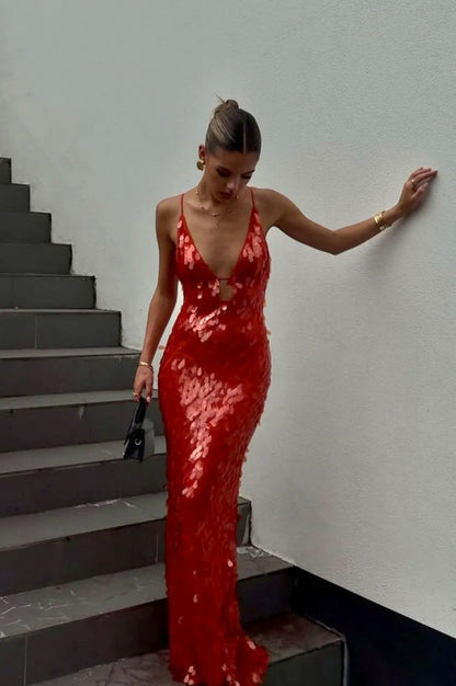 Sequin Plunge Cutout Maxi Dress
