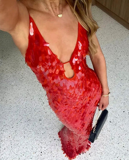 Sequin Plunge Cutout Maxi Dress